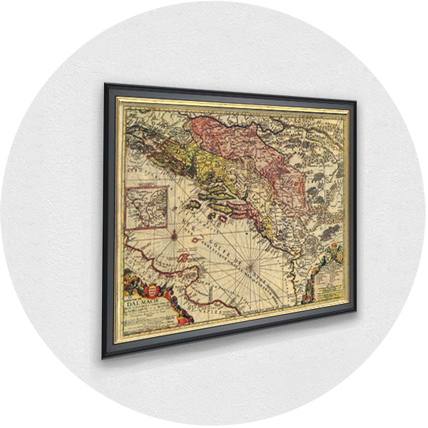 A framed replica of an old map of Dalmatia in a dark frame