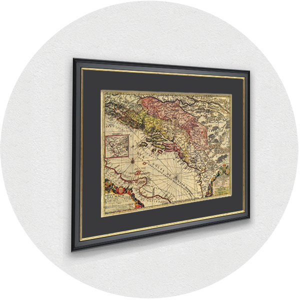A framed replica of an old Dalmatian map in a dark frame with a dark passpartout