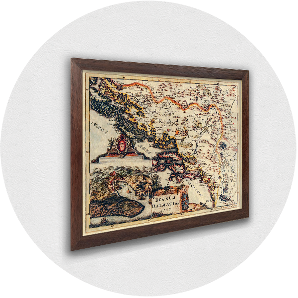 Framed replica of an old dalmatian map brown frame
