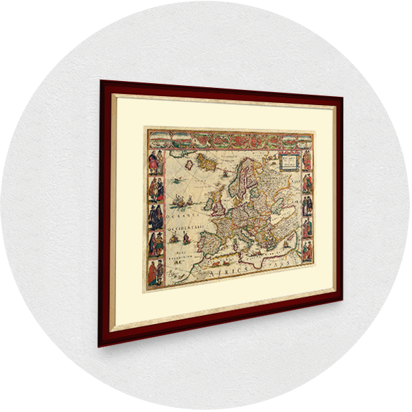 Framed old map of Europe burgundy frame lights passpartout