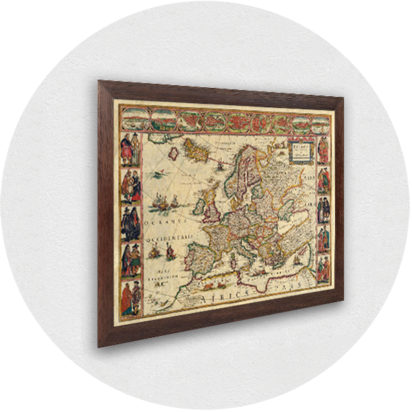 Framed old map of Europe brown frame