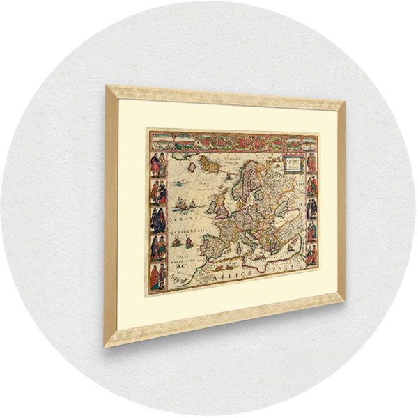 Framed old map of the world, Europe golden frame lights passpartout