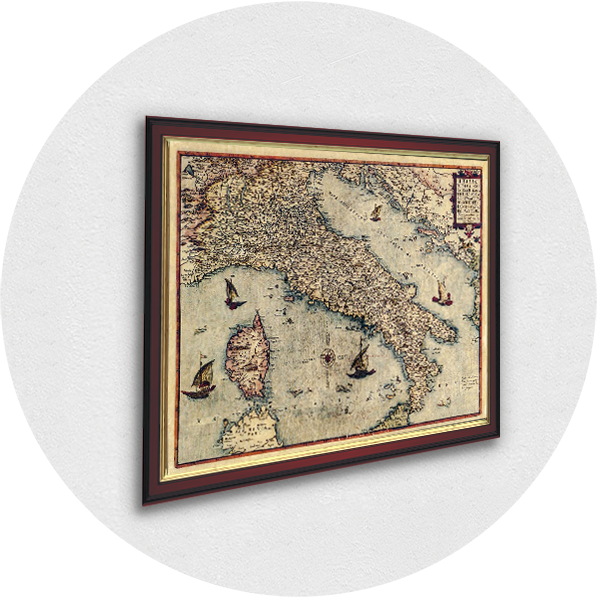 Framed old map of Italy burgundy frame