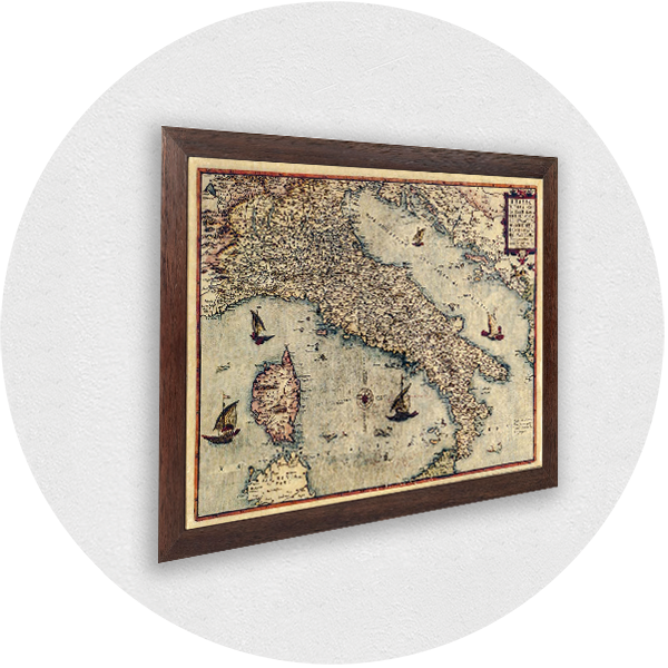 Framed old map of Italy brown frame