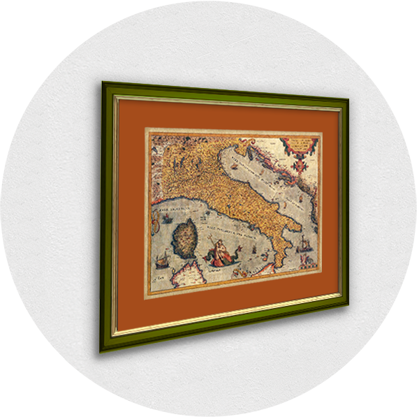 Framed old map of Italy N27 green frame orange passpartout