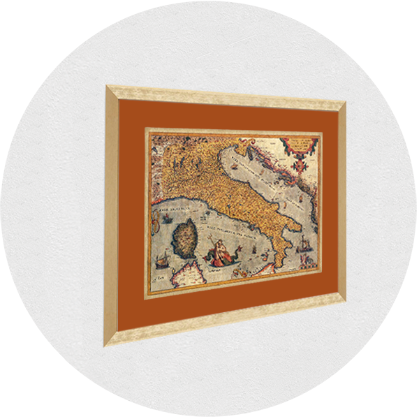 Incorniciato vecchia mappa d'Italia N27 cornice oro arancione passpartout