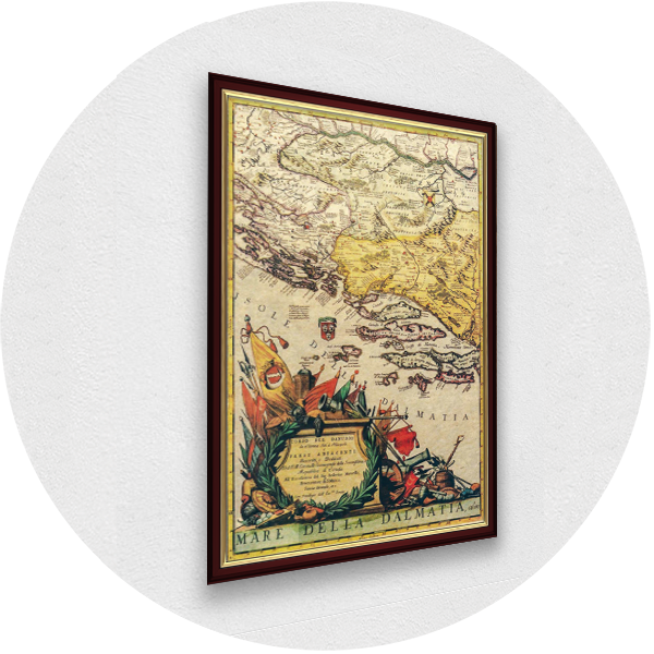 Framed old map of Mare Della Dalmatia burgundy frame