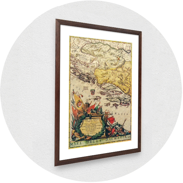 Framed old map of Mare Della Dalmatia brown frame bright passpartout
