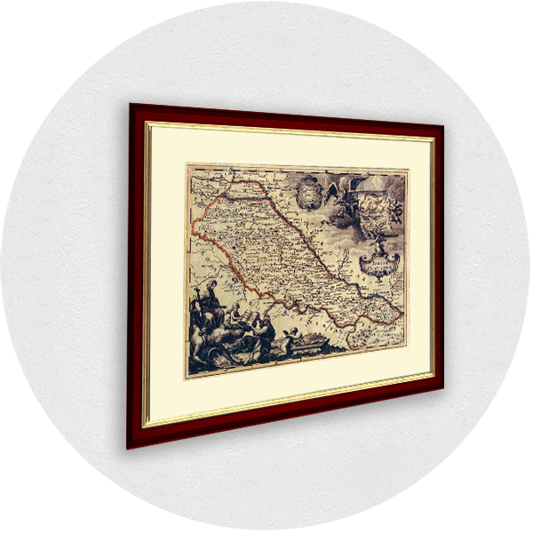 Framed old map of Slavonia burgundy frame lights passpartout