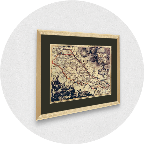 Gerahmte alte Karte von Slawonien goldener Rahmen olivgrünes Passpartout