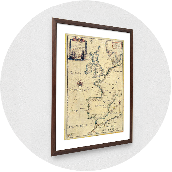 Framed old map of Europe-Atlantic dark frame light passpartout