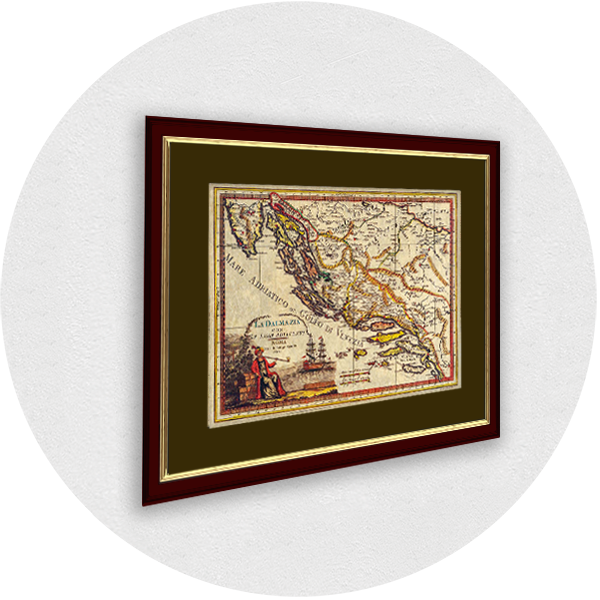 Framed old map of Dalmatia burgundy frame olive passpartout