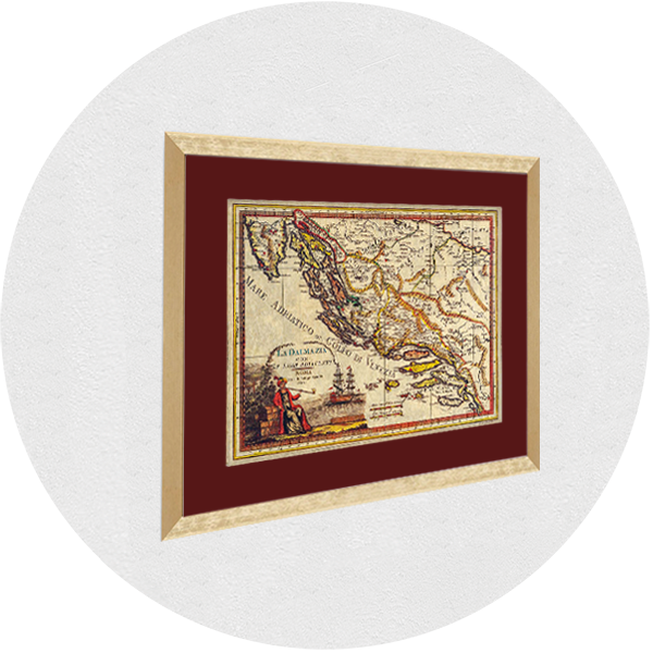 Uokvirena stara karta Dalmacije zlatni okvir bordo passpartout