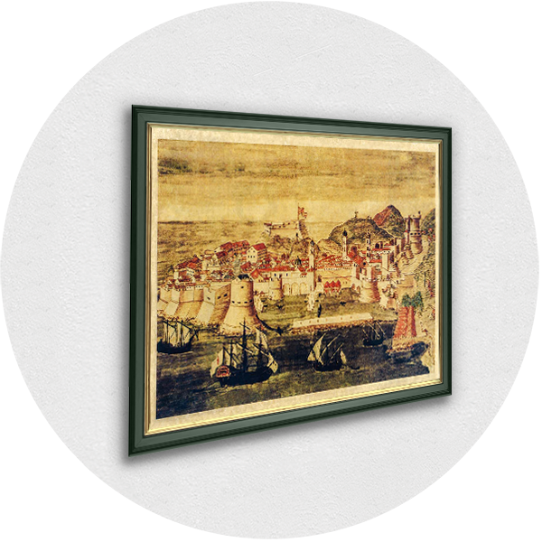 Framed old map of Dubrovnik green-gray frame