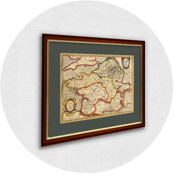 Gerahmte alte Karte von Frankreich, Westeuropa burgunderfarbener Rahmen olivgrünes Passpartout