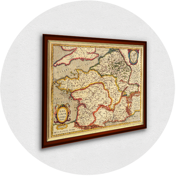 Framed old map of France, western Europe burgundy frame