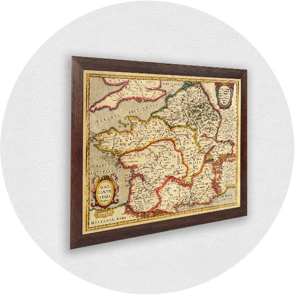 Framed old map of France, western Europe brown frame