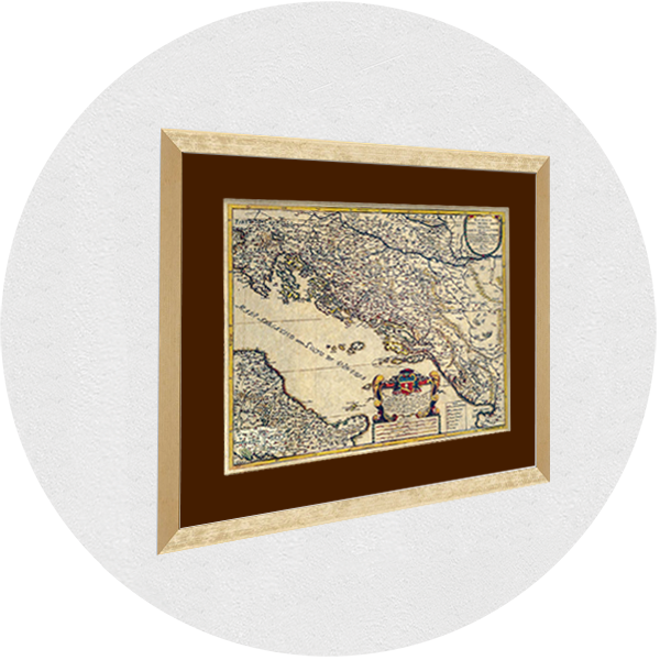 Framed old map of Croatia, Bosnia, Serbia golden frame brown passpartout