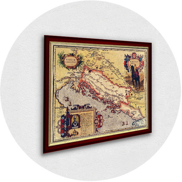 Vecchia mappa della Croazia incorniciata dal re Tomislav con cornice bordeaux