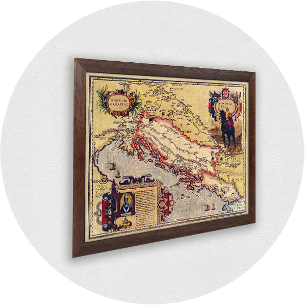 Framed old map of Croatia of King Tomislav brown frame