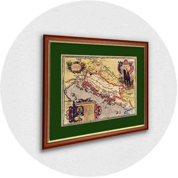 Vecchia mappa incorniciata della Croazia del re Tomislav cornice marrone chiaro passpartout verde