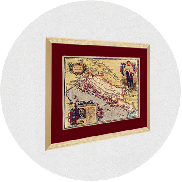 Framed old map of Croatia of King Tomislav gold frame burgundy passpartout