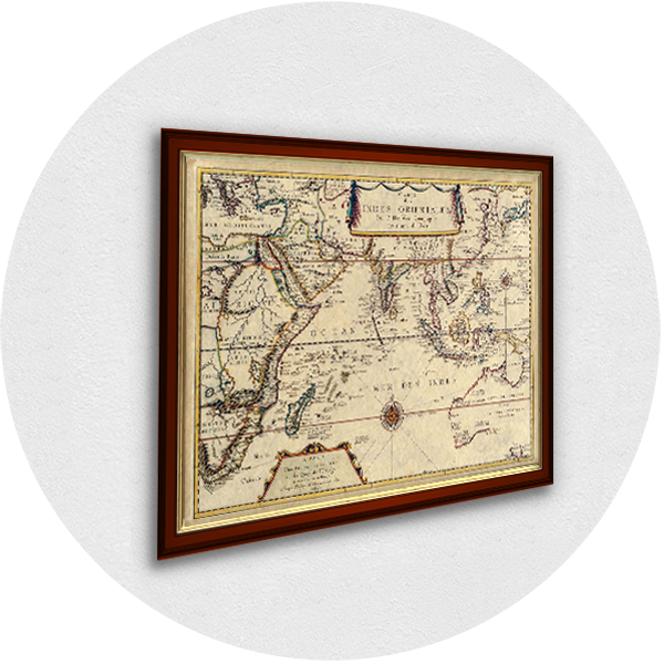 Vecchia mappa incorniciata della cornice bordeaux dell'Oceano Indiano