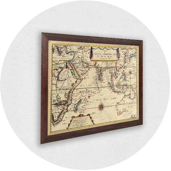 Framed old map of the Indian-Ocean brown frame