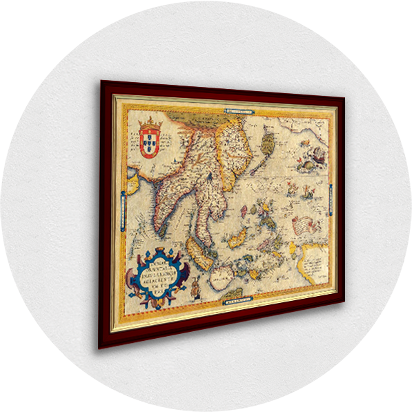 Framed old map of Indonesia burgundy frame
