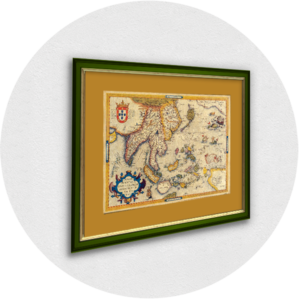 Framed old map of Indonesia green frame orange passpartout