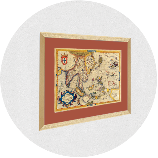 Framed old map of Indonesia golden frame dark salmon passpartout