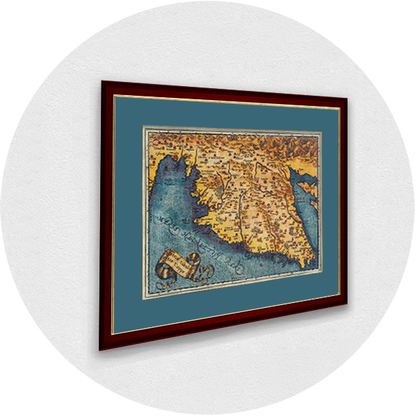 Gerahmte alte Karte von Istrien burgunderfarbener Rahmen grau-blauer Passpartout
