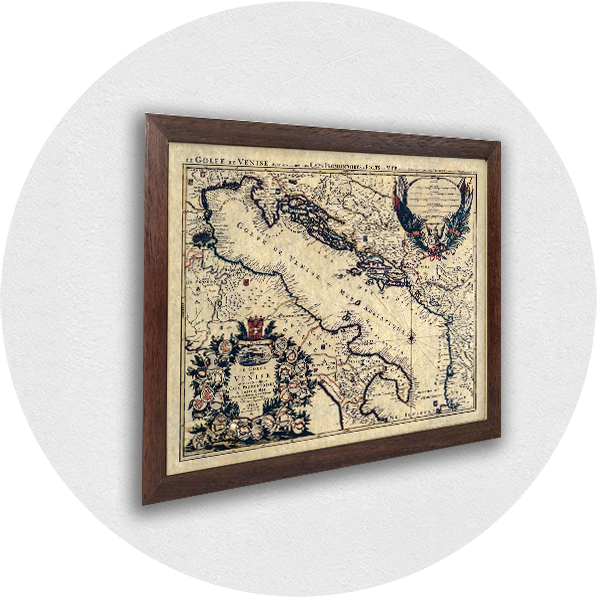 Framed old map of the Adriatic Sea brown frame