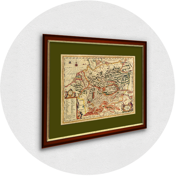 Gerahmte alte Karte von Deutschland burgunderfarbener Rahmen olivgrünes Passpartout