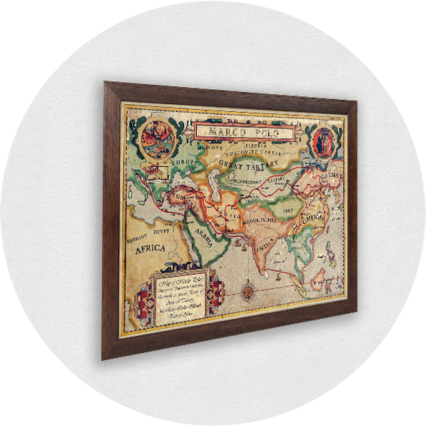 Framed old Travel Map Marco Polo brown box