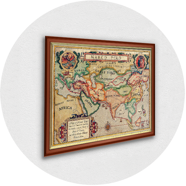 Framed old Travel map Marco Polo light brown frame