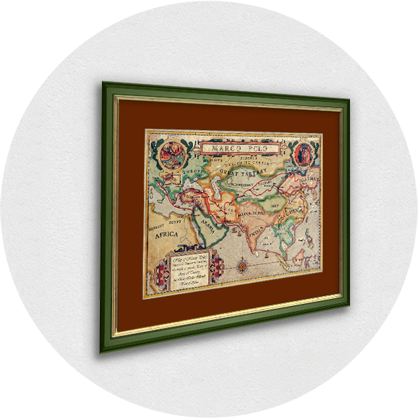 Framed old Travel map Marco Polo green frame brown passpartout