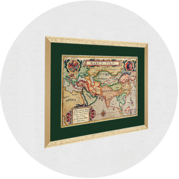 Framed old Travel map Marco Polo gold frame green passpartout