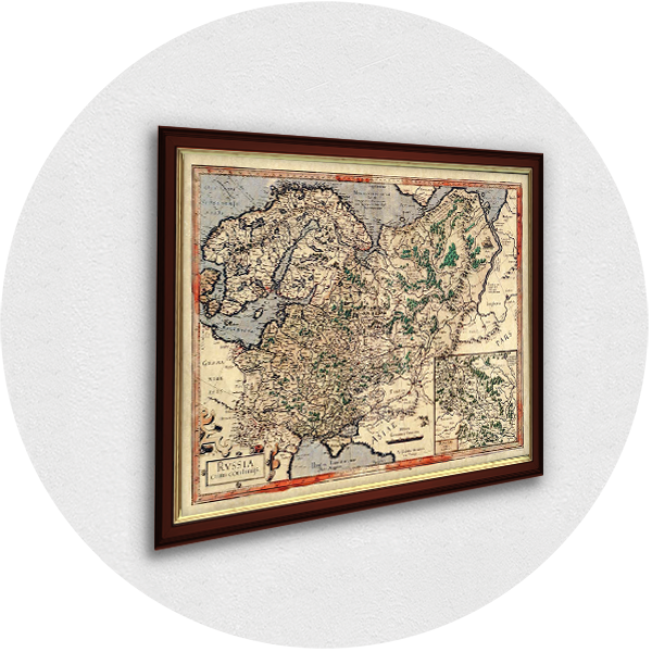 Framed old map of Russia burgundy frame