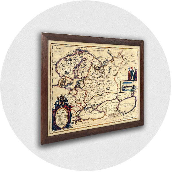Framed old map of Russia brown frame