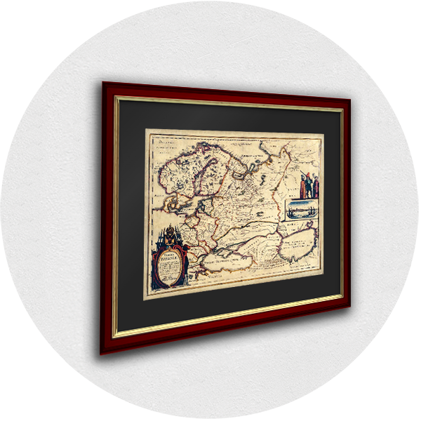Framed old map of Russia dark red frame blue-gray passpartout