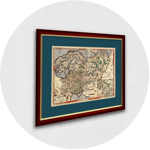 Framed old map of Russia dark red frame blue-gray passpartout