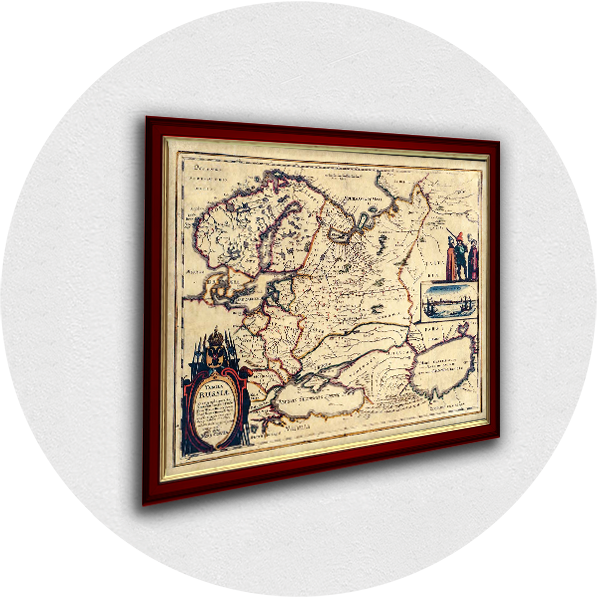 Framed old map of Russia burgundy frame