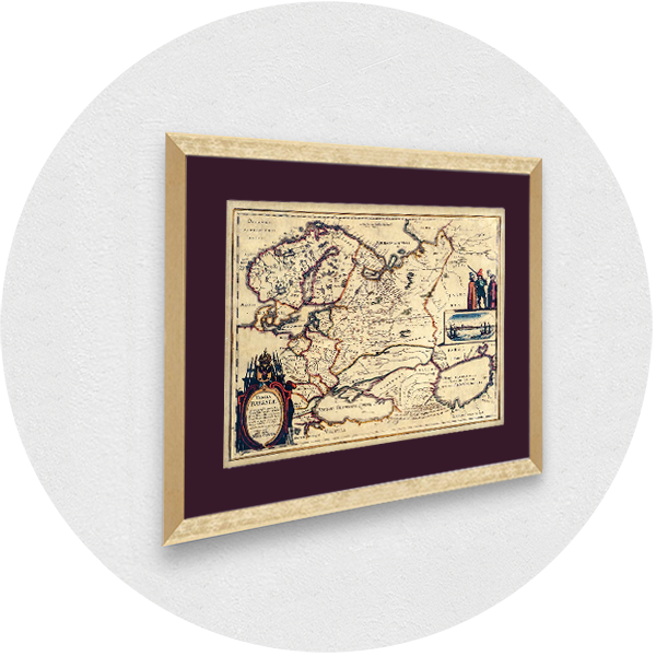 Framed old map of Russia golden frame purple passpartout