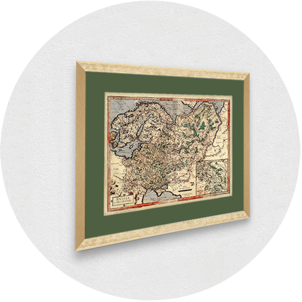 Framed old map of Russia golden frame olive passpartout