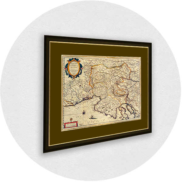 Gerahmte alte Karte der nördlichen Adria, dunkler Rahmen, olivfarbenes Passpartout