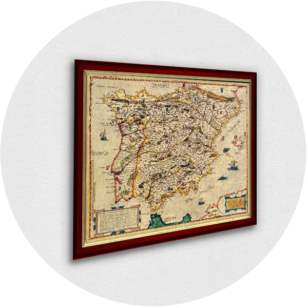 Framed old map of Spain red frame