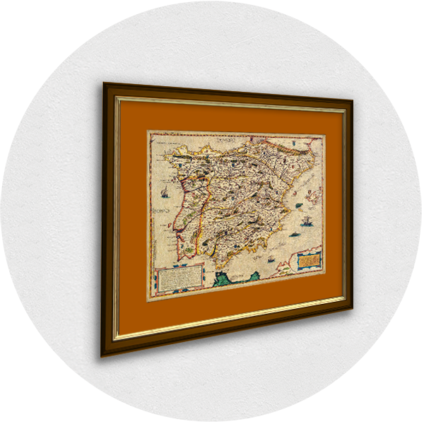 Gerahmte alte Karte von Spanien brauner Rahmen orange Passpartout