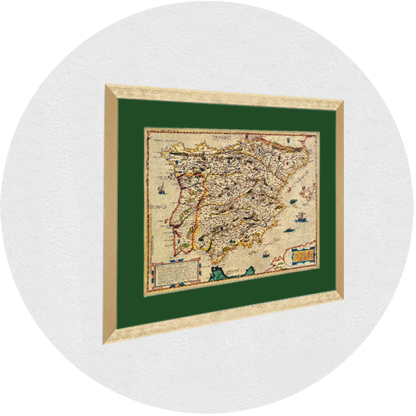 Framed old map of Spain golden frame green passpartout