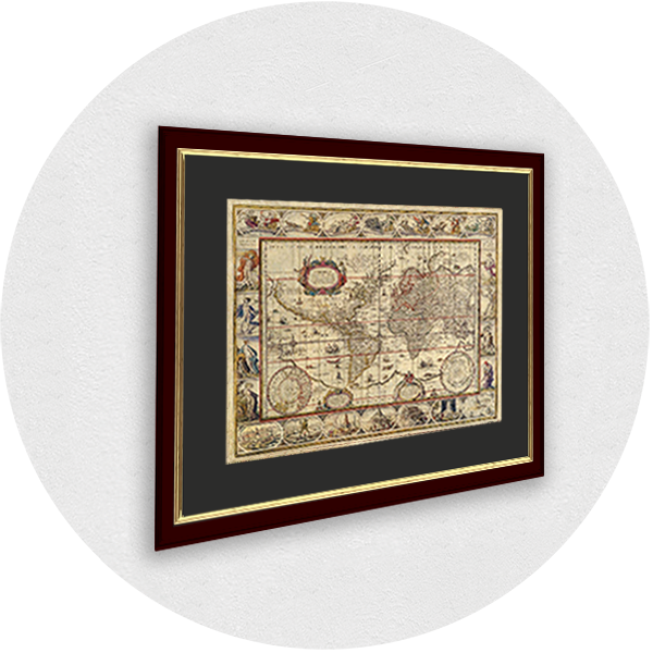 Framed old map of the world, America burgundy frame gray passpartout